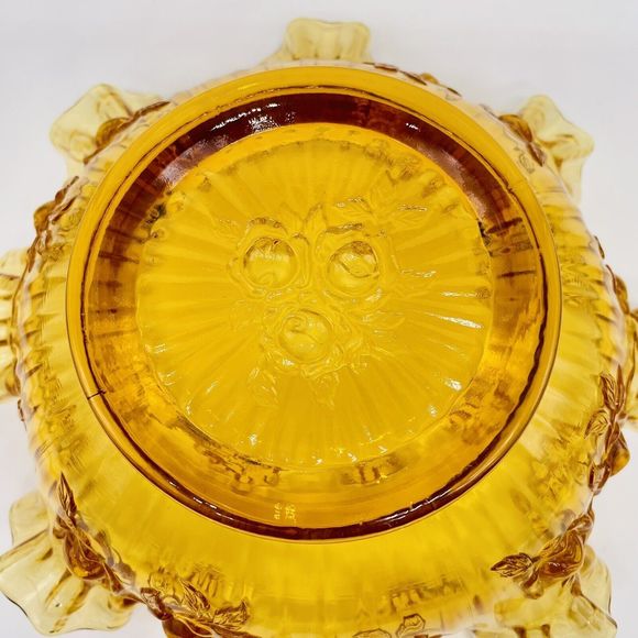 Vintage Fenton Cabbage Rose Amber Glass Candy Bowl 9” Diameter Mint Condition - Picture 6 of 6